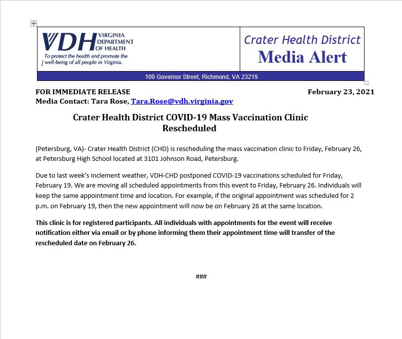 CHD Resched Mass Vaccination Clinic 2-23-21